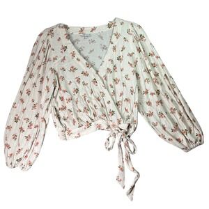 American Eagle Floral Wrap Tie Top Cottagecore Boho XS Cream Pink Long Sleeve